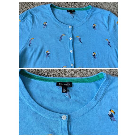NWOT Talbots Crew Neck Cardigan Womens XL Blue Cotton Embroidered Toucan Coastal - Picture 5 of 7